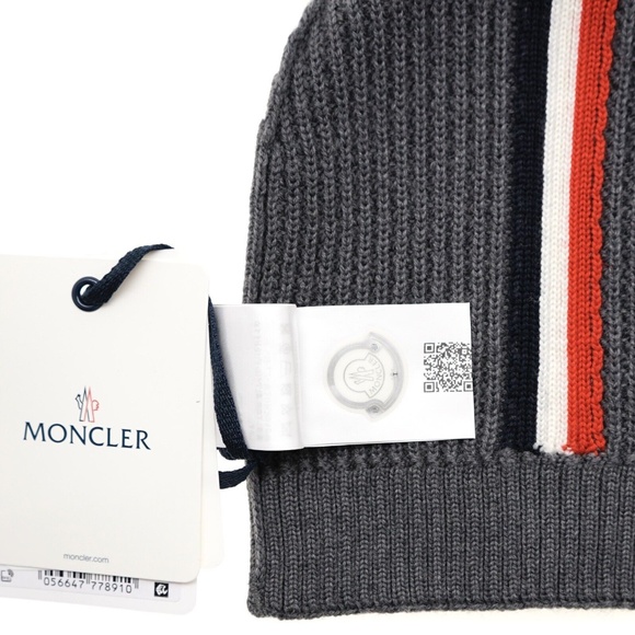 Moncler Beanie Hat Logo Striped Waffle Knit Wool New - Picture 5 of 5